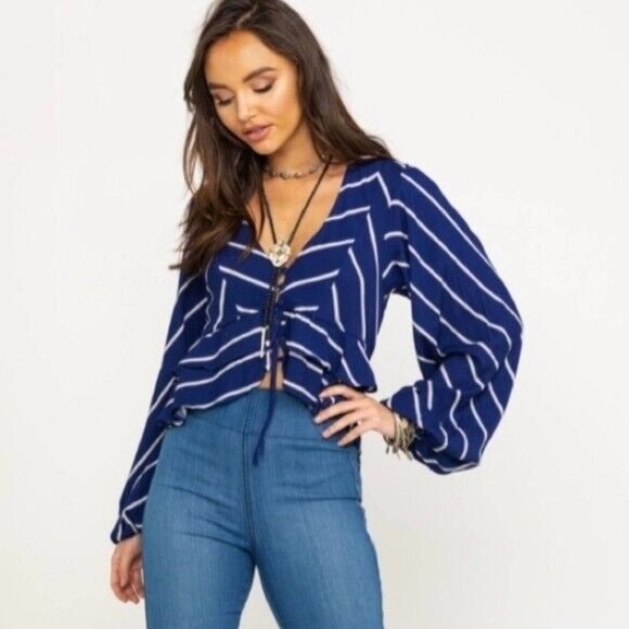 Free People Tops - Free People Top Samifran Blue Stripe V Neck Button Long Sleeve